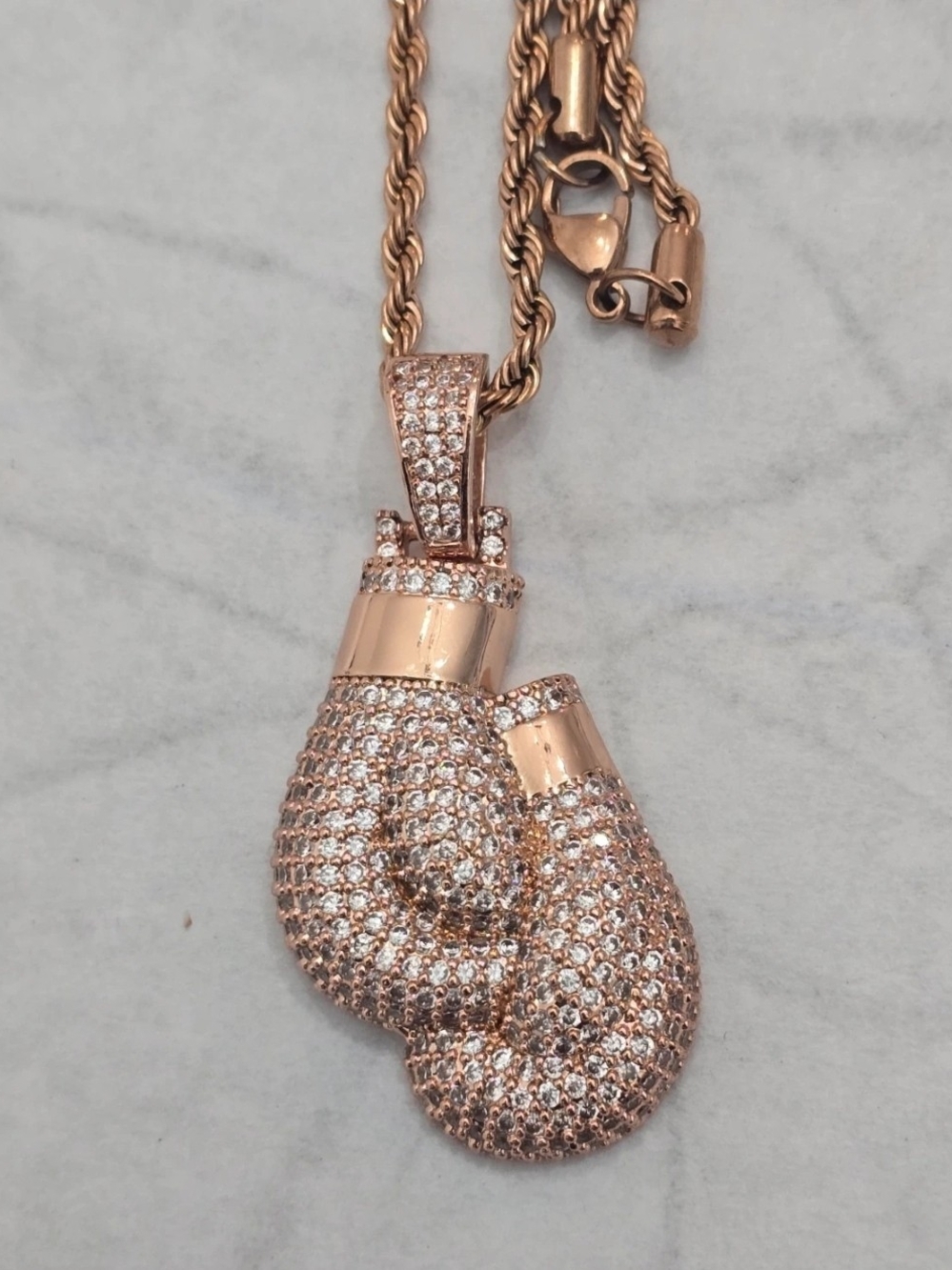 Rose Gold Color Iced Out Boxing Glove Pendant Necklace